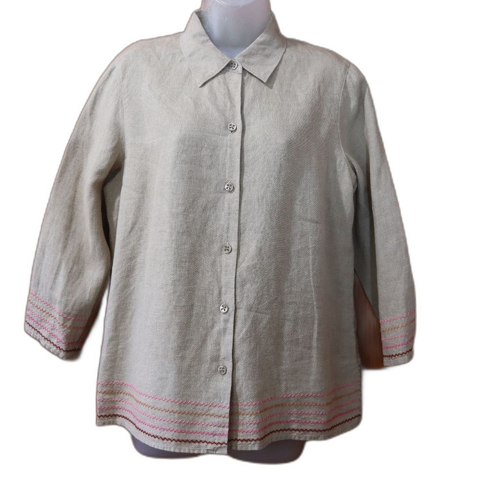 Sigrid Olsen Natural Linen Embroidered Button Down Shirt Medium